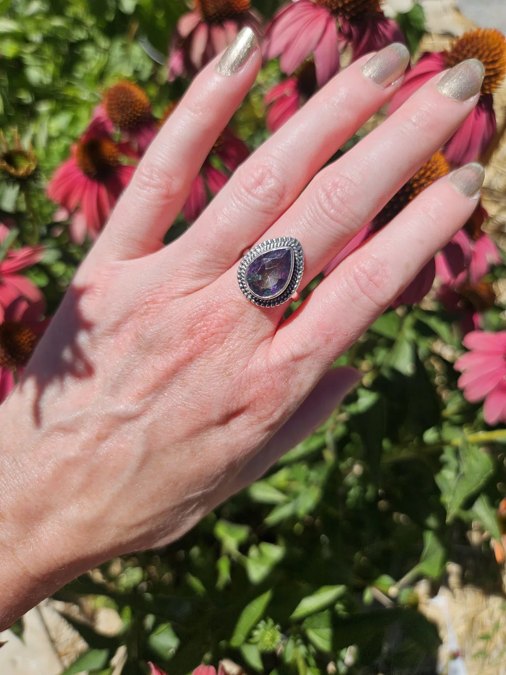 Mystic Topaz Dewdrop Sterling Silver Ring Size 7 1/4